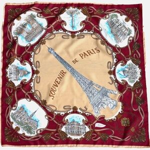Patricia Paris Souvenir de Paris Scarf Burgundy Gold 30” Square Eiffel Tower